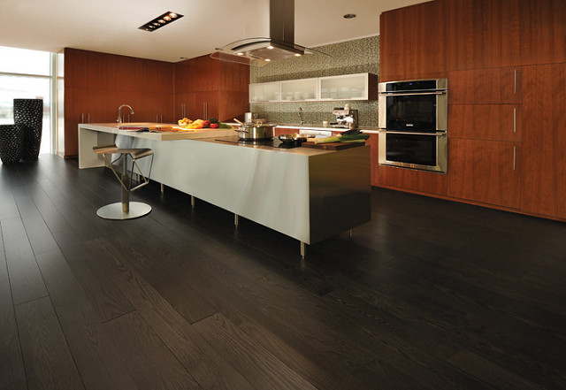 Modern Condo Kitchen featuring Graphite color hardwood floor (Red Oak-Graphite) For more information, visit www.miragefloors.com